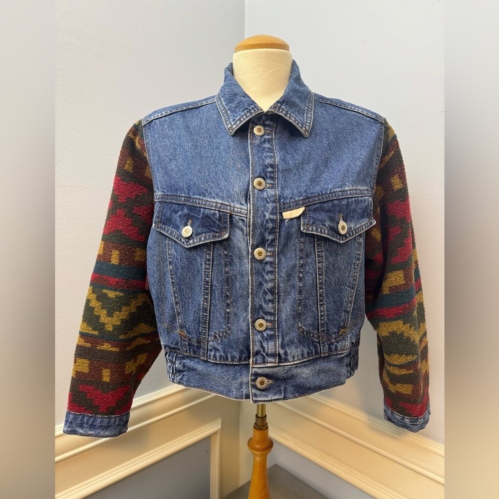 Vintage Denim cropped bomber Jacket wool blanket sleeves